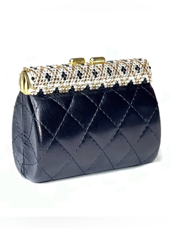 Handbags - 90s Beaded Rhinestone Clasp Quilted Black Leather Mini Bag Purse Chain Strap